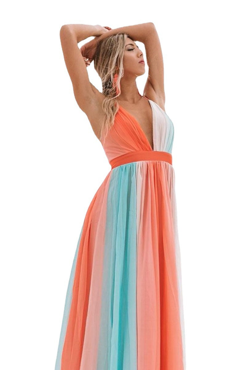 Women's Sexy Suspenders Deep V Rainbow Mesh Dresses