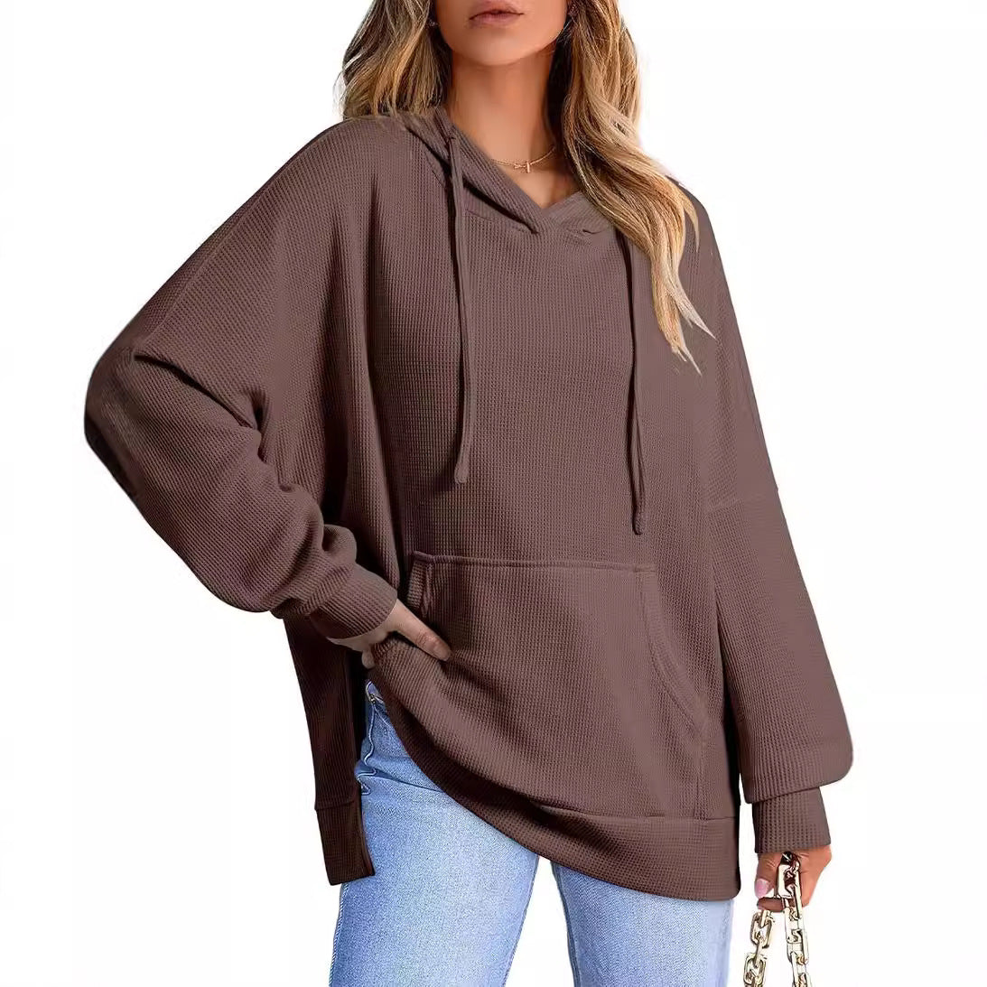 Women's Hoodie Waffle Knitted Side Slit Pullover With Pocket Women's Sweater, Sweater