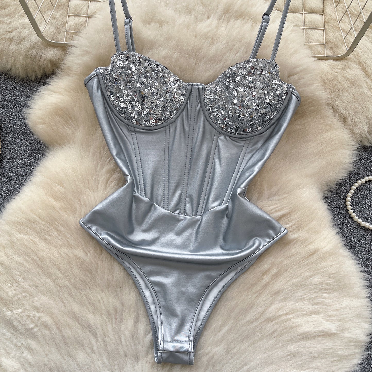 Satin Sequined Sling Sexy Backless Fishbone Steel Women's Jumpsuit/clothing