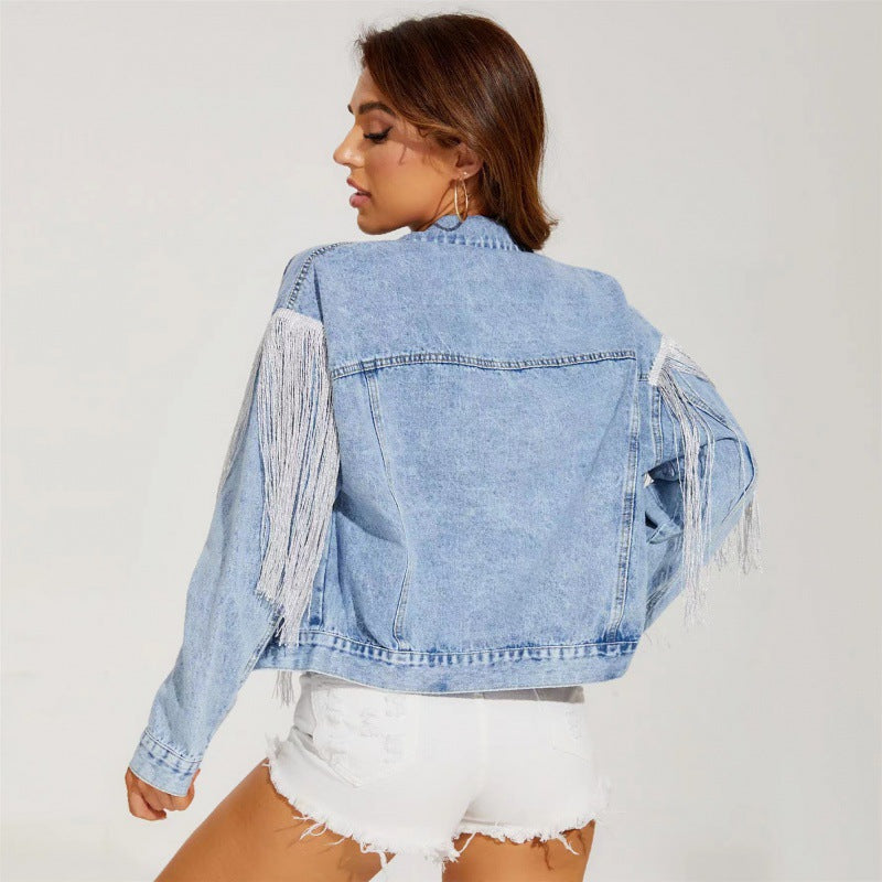 Women's Denim Fashion Tassel Lapel Fried Floral Coats