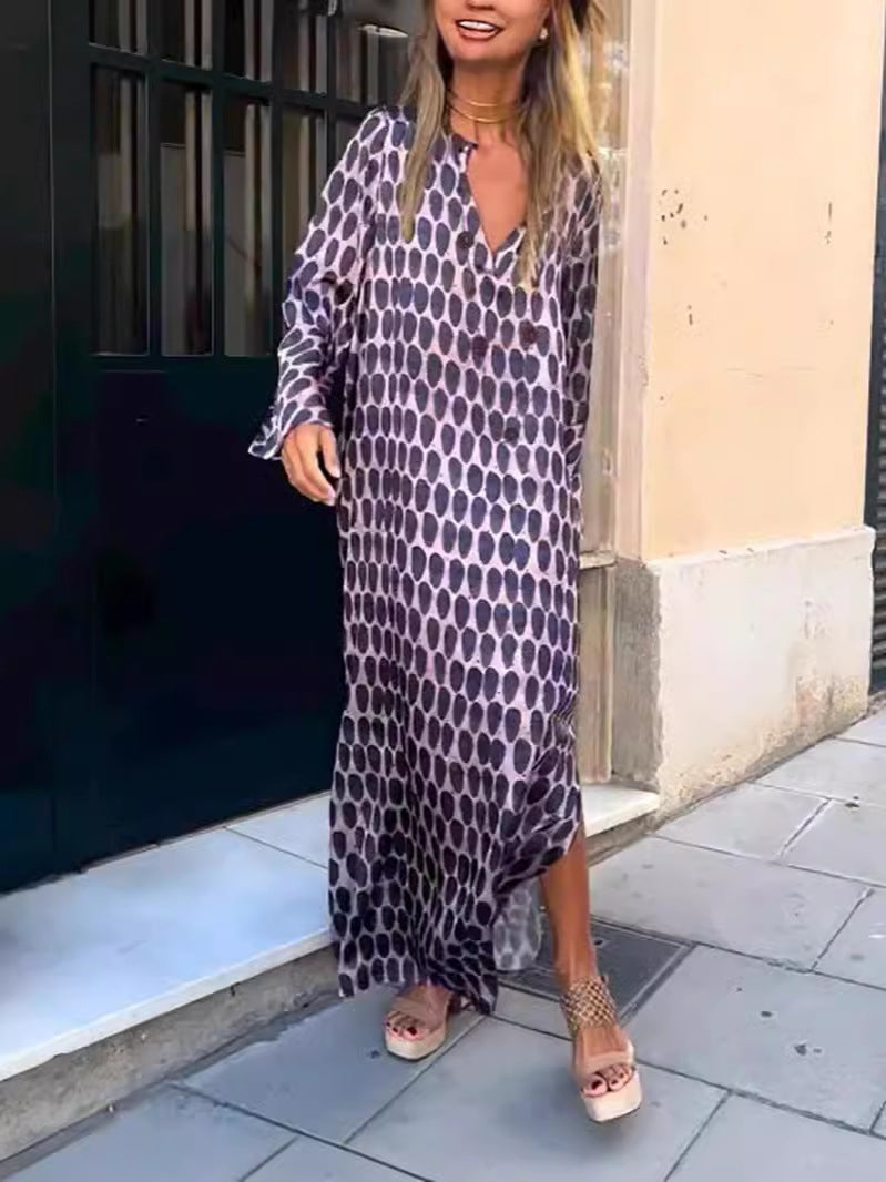 Temperament Polyester Large Swing Split Pullover Long Sleeve Slit Dress