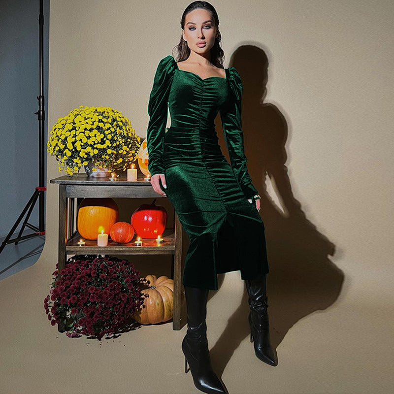 Women's Autumn Fashionable Elegant Pleated Slim Fit Slit Dress