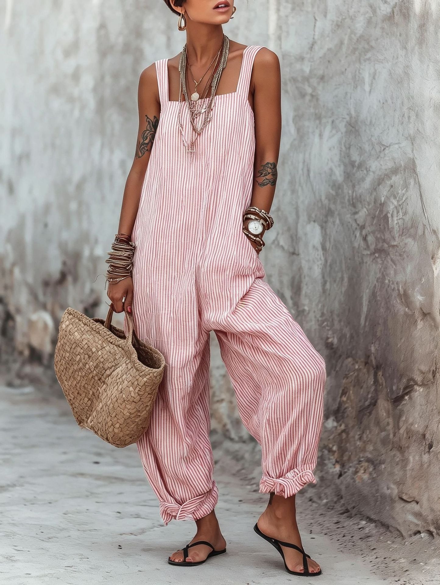 Women's Sleeveless Striped Print Loose Casual Women's Jumpsuit/clothing