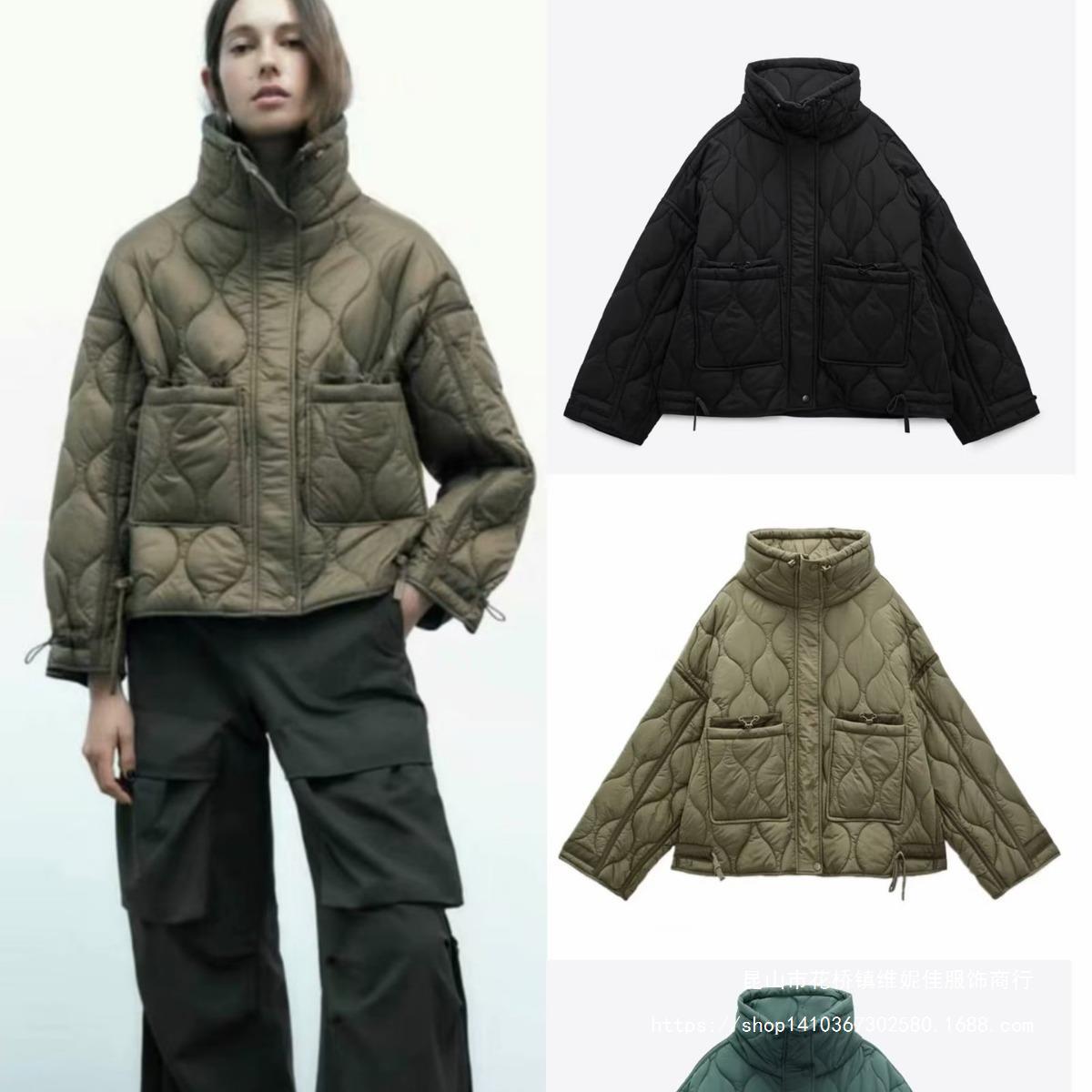 Women's Pocket Decoration Loose Long Sleeve Stand Collar Rhombus Jackets