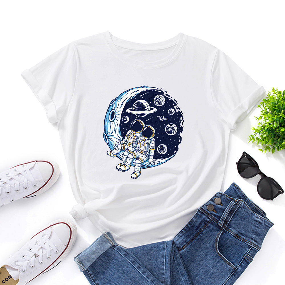 Women's Cotton Loose Round Neck Sleeve Moon Women's T-shirt
