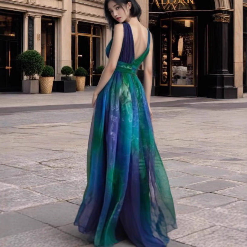 Women's Summer Deep Backless Printed Chiffon Big Dresses