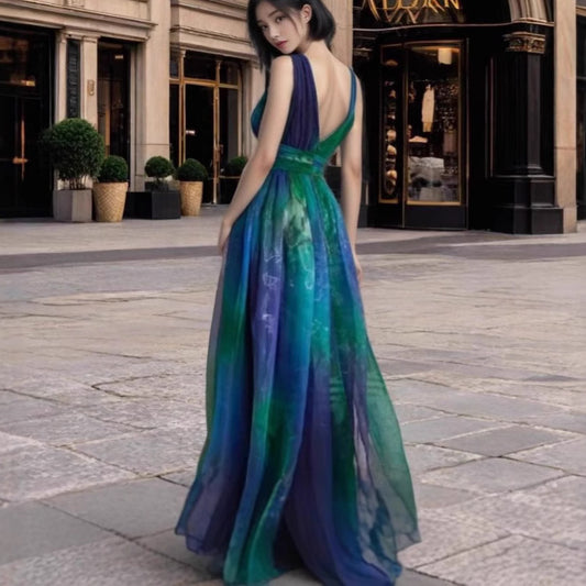 Women's Summer Deep Backless Printed Chiffon Big Dresses
