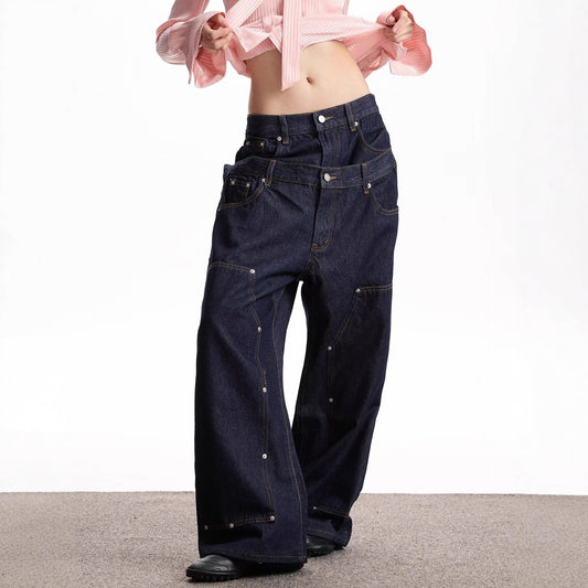 Women's & Men's Fashion Hip Hop Double Waist Stitching Loose Jeans