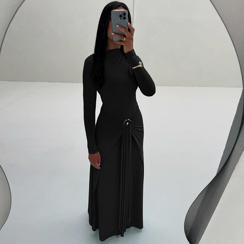 Pure Color Round Neck Long Sleeve Decoration Buckle Dress