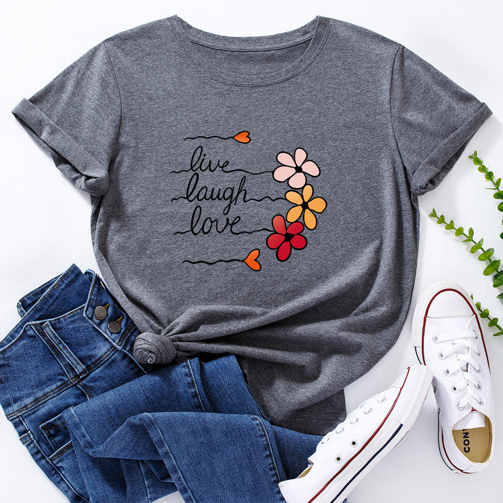 Women's Cotton Loose Round Neck Sleeve Women's T-shirt