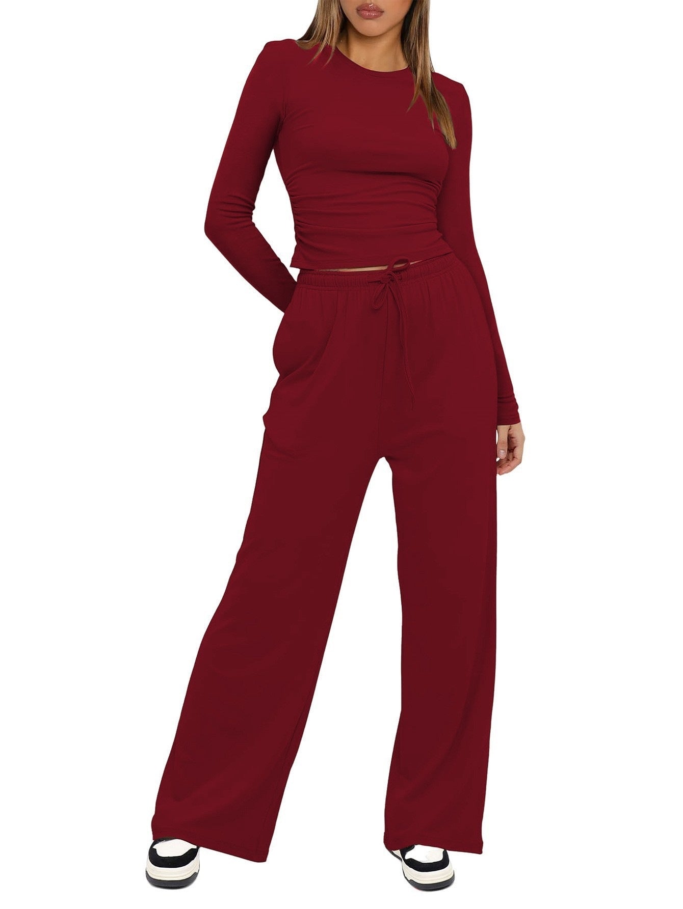 Solid Color Long Sleeves Outfit High Waist Wide Tops