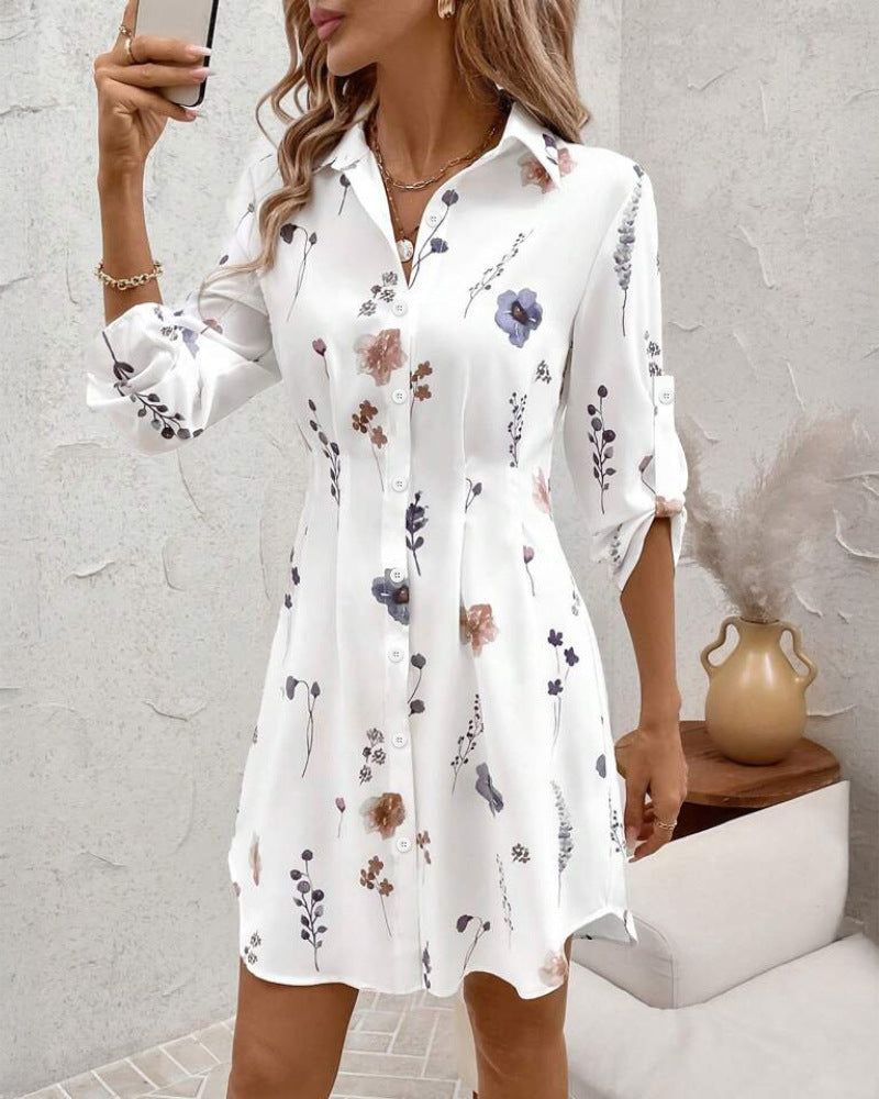 Women's Versatile Commuter Floral Print Shirt Dress Dresses