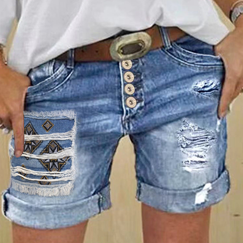Summer Casual Cut-off Patch Breasted High Waist Embroidered Women's Jeans