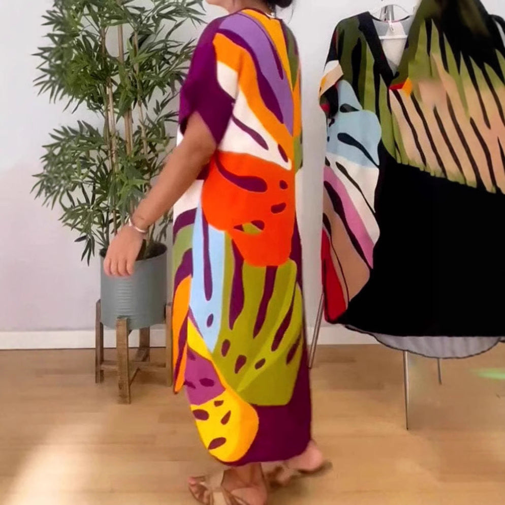 Glamorous Unique Colored Leaves Printed Casual Dress