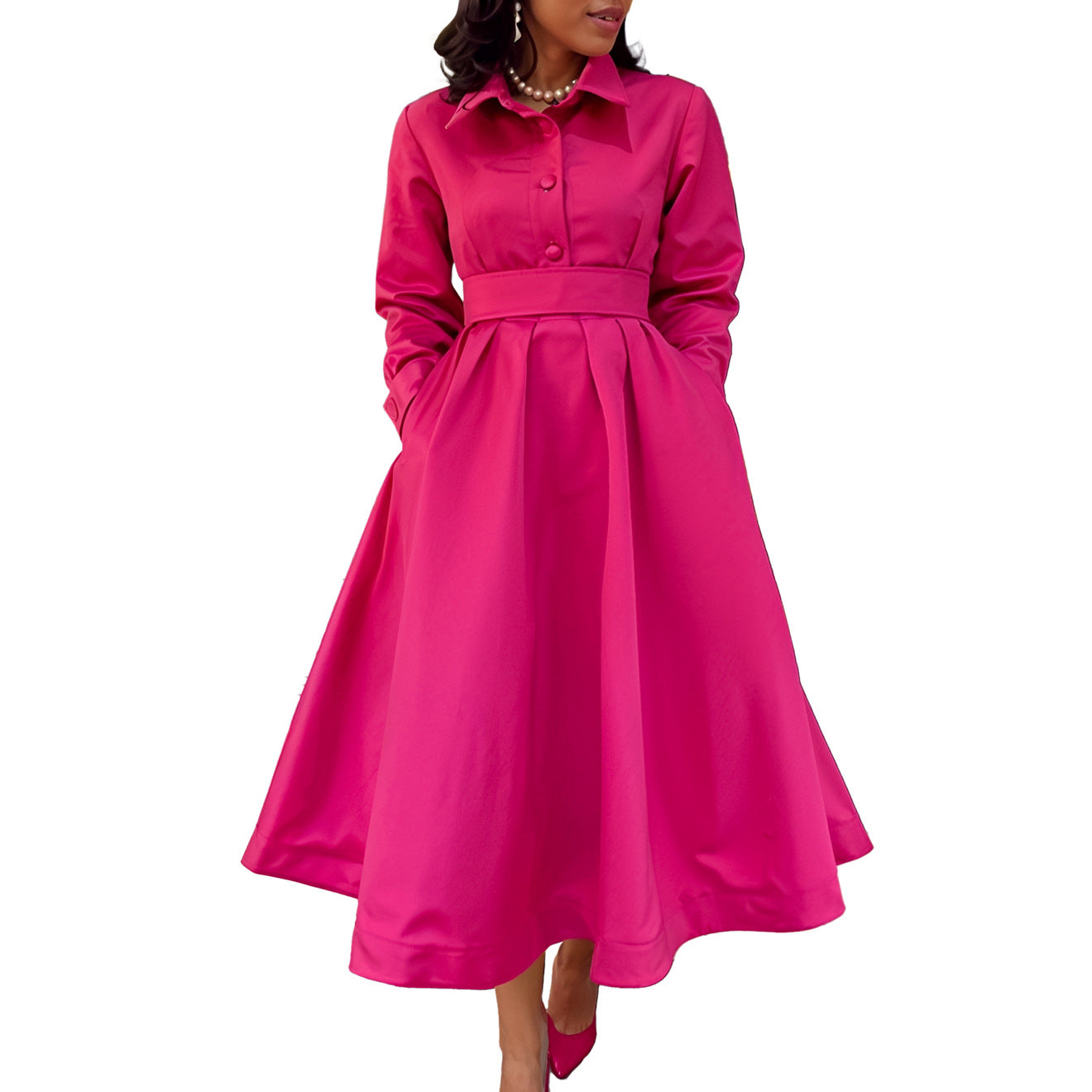 Women's Swing Solid Color Lapel Long Sleeve A- Line Dresses