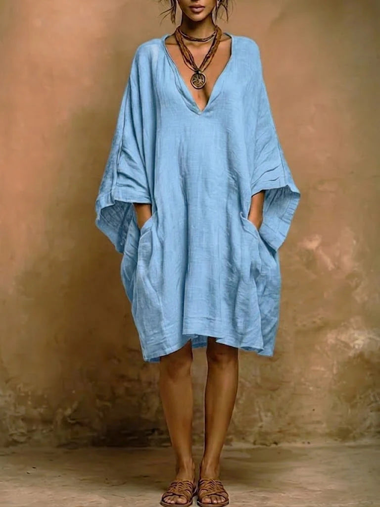 Fashion Imitation Cotton Linen Batwing Shirt Dress