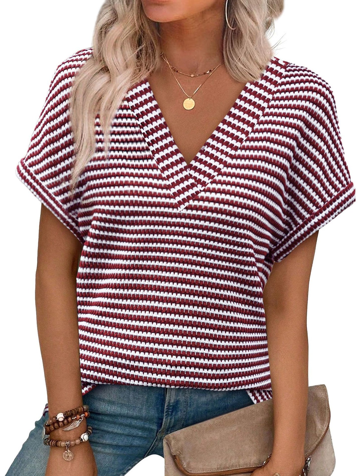 Women's Summer Striped Pineapple Plaid Loose Sleeve Women's T-shirt