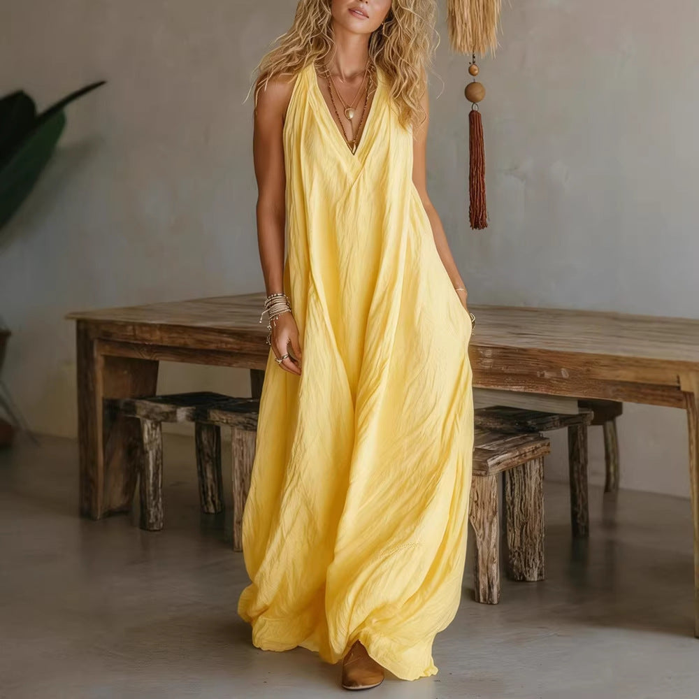 Women's Casual Sleeveless Loose Pockets Cotton Linen Jumpsuits