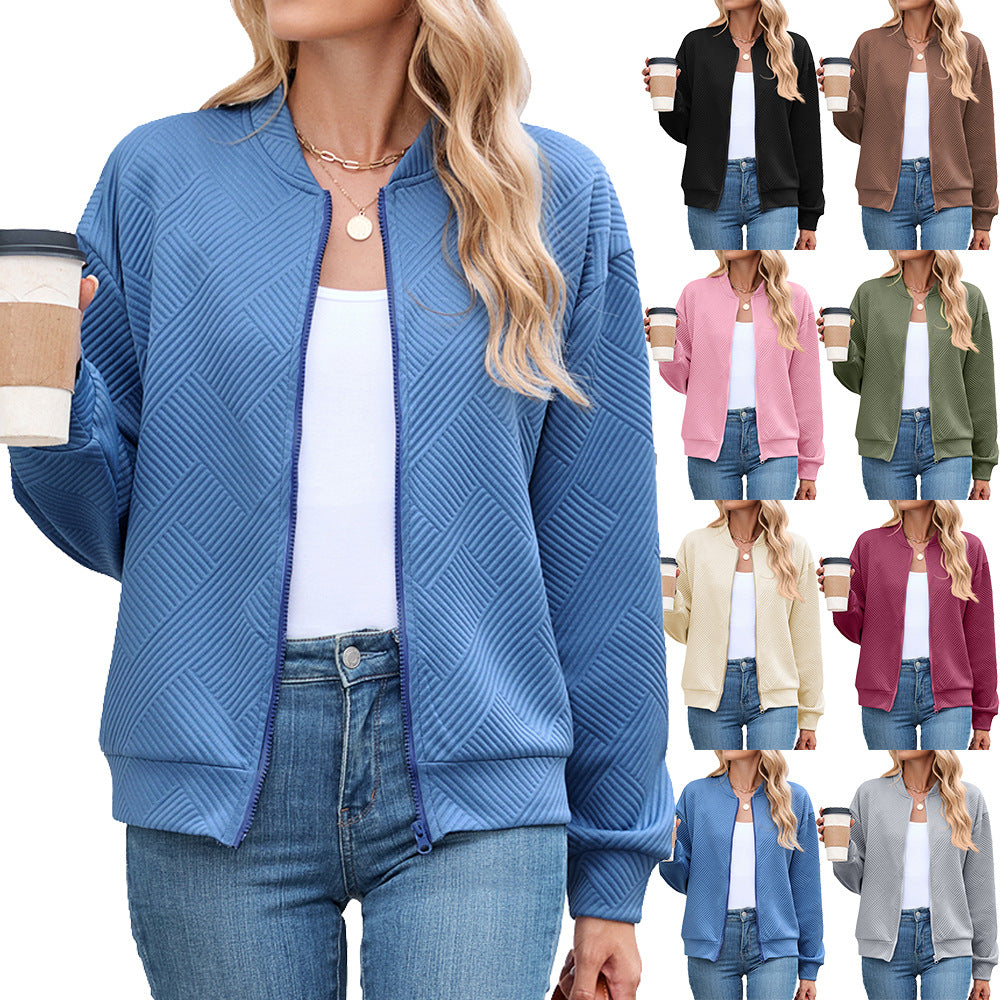 Solid Color Round Neck Loose Zip Long Sleeve Uniform