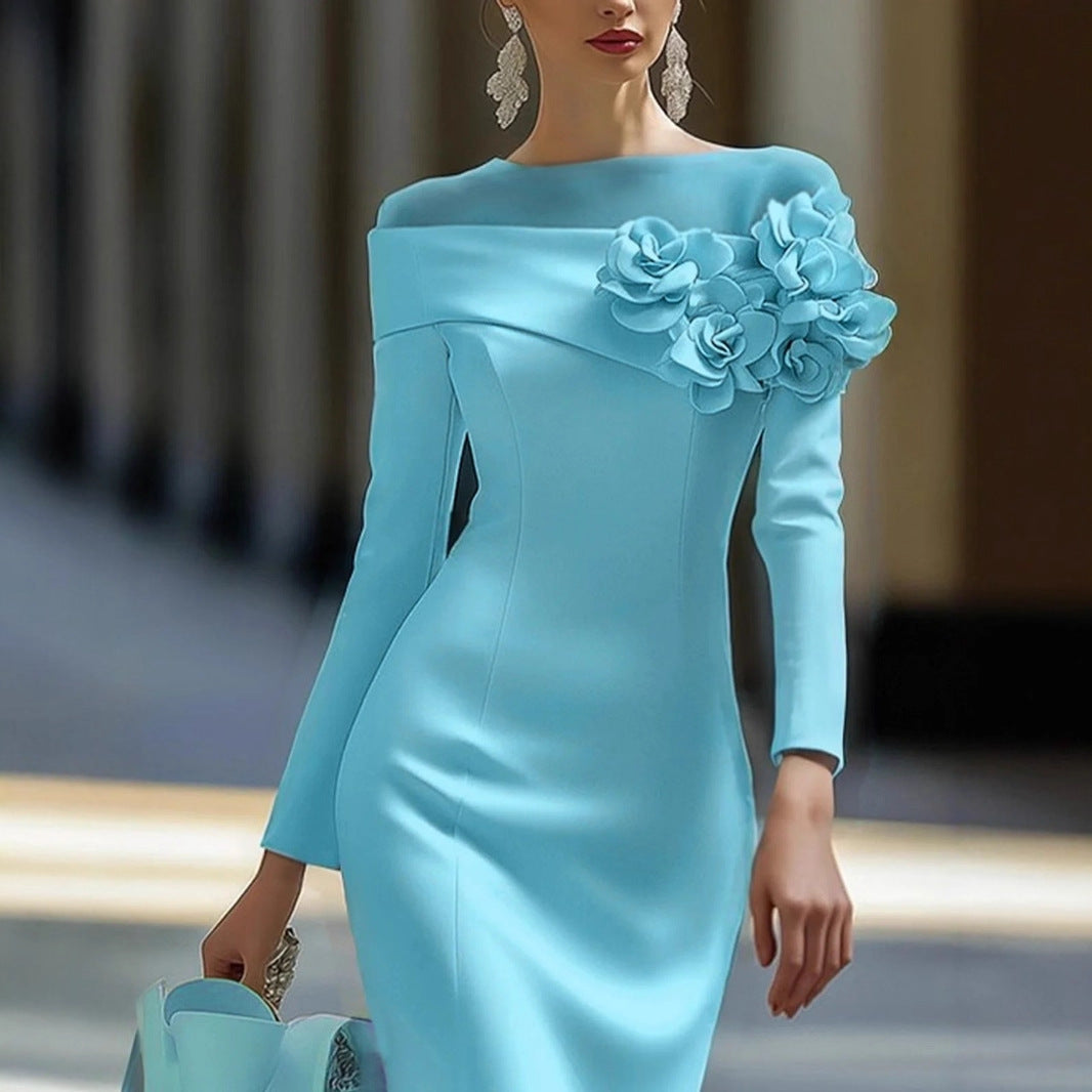 Women's Side Three-dimensional Flower Decoration Solid Color Dresses