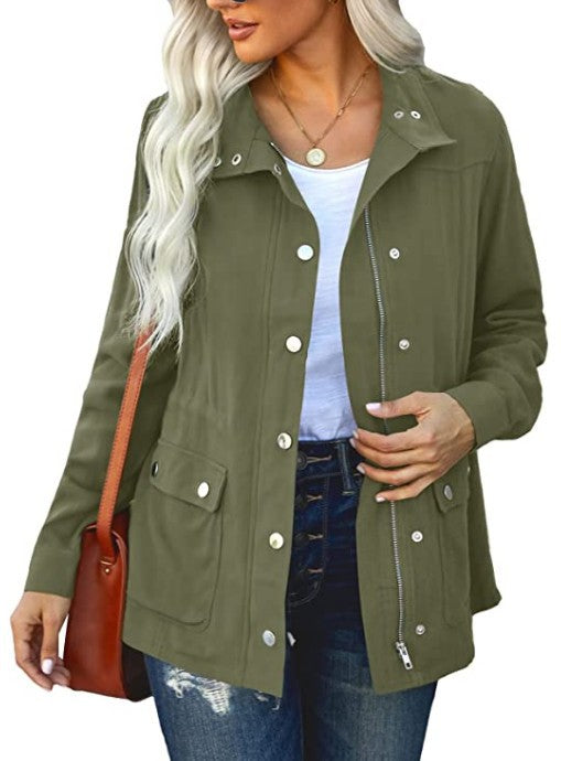 Women's Polo Collar Solid Color Pocket Fastener Coats