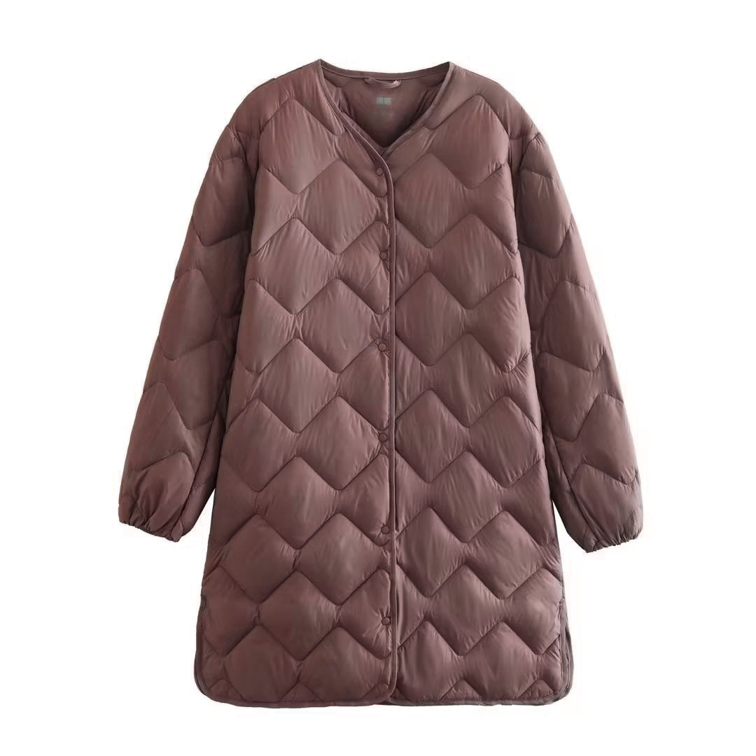 Women's Mid-length White Duck Rhombus Round Neck Jackets