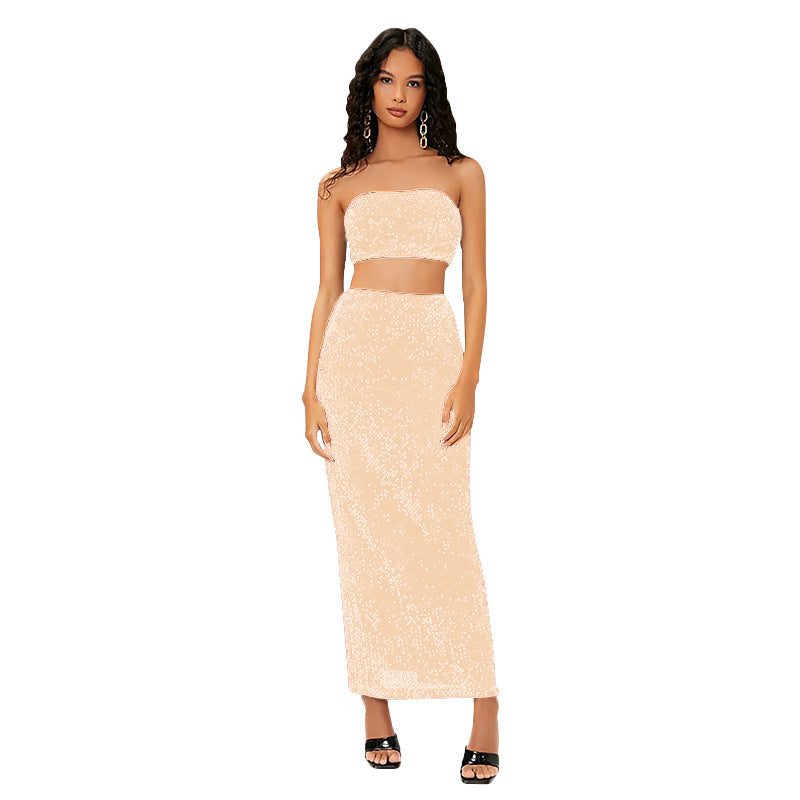Women's Sequined Backless High-grade Tube Classic Style Casual Suits