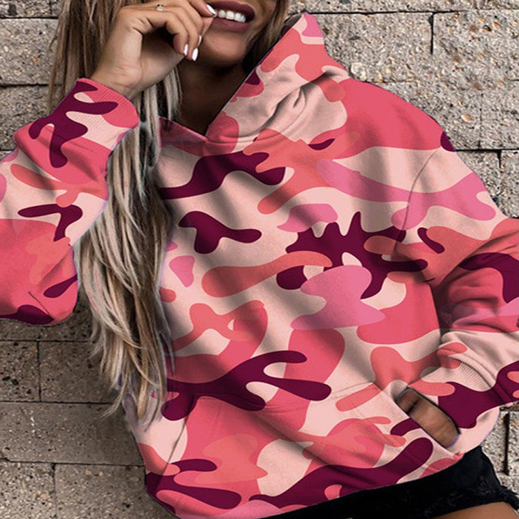 Women's Camouflage Printed Loose Long Sleeves Hooded Women's Sweater, Sweater