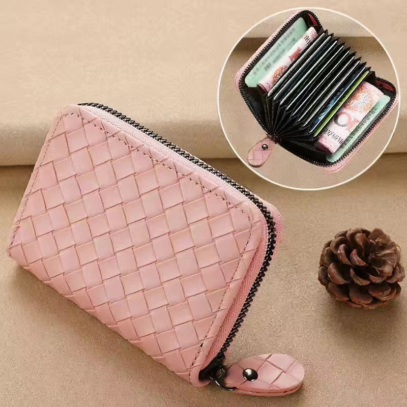 Women's Clamp Exquisite Authentic Leather Tactile Feel Woven Card Holder