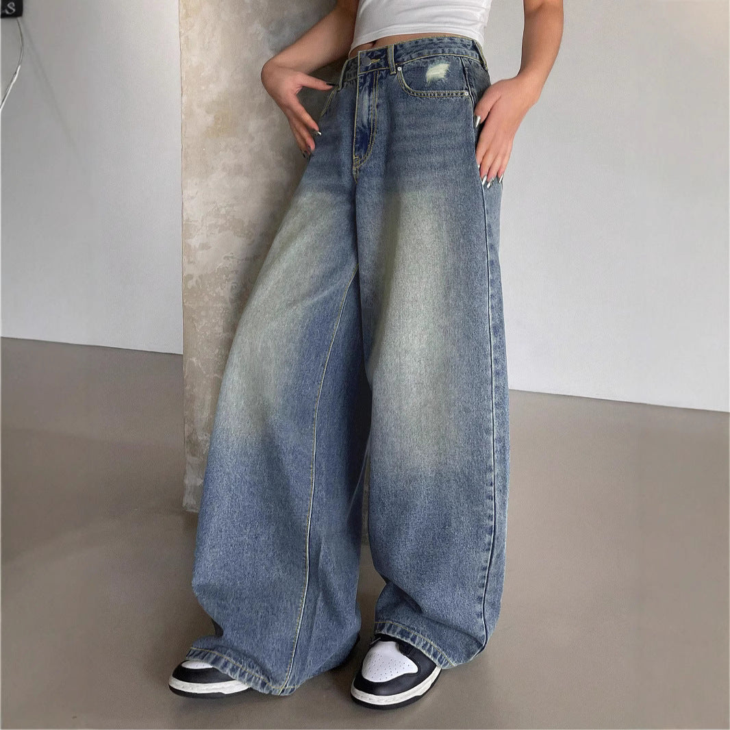 Women's Washed Blue Super Long Mop Loose Hole Women's Jeans