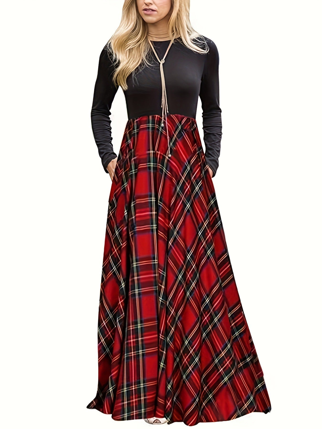 Women's Stitching Contrast Color Check Fashion Casual Dress