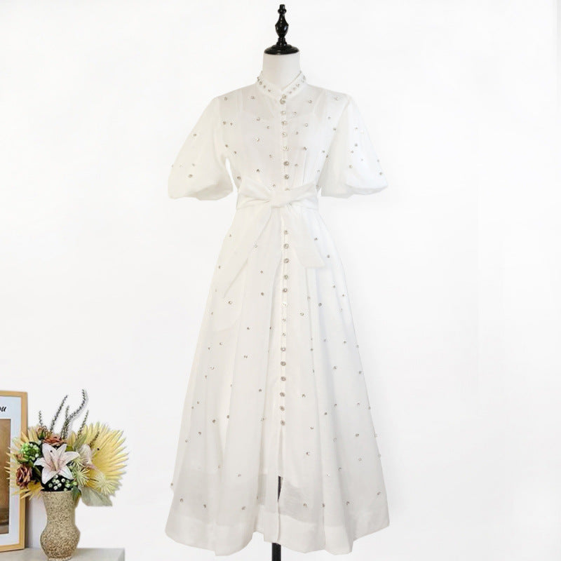 Women's Single-breasted Stand-up Collar Puff Sleeve Dress Dresses
