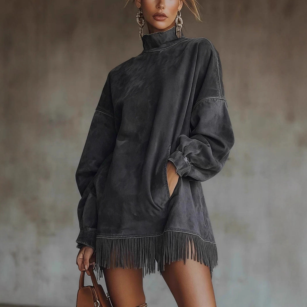 Suede Vintage Loose Pockets Tassel Long Dresses