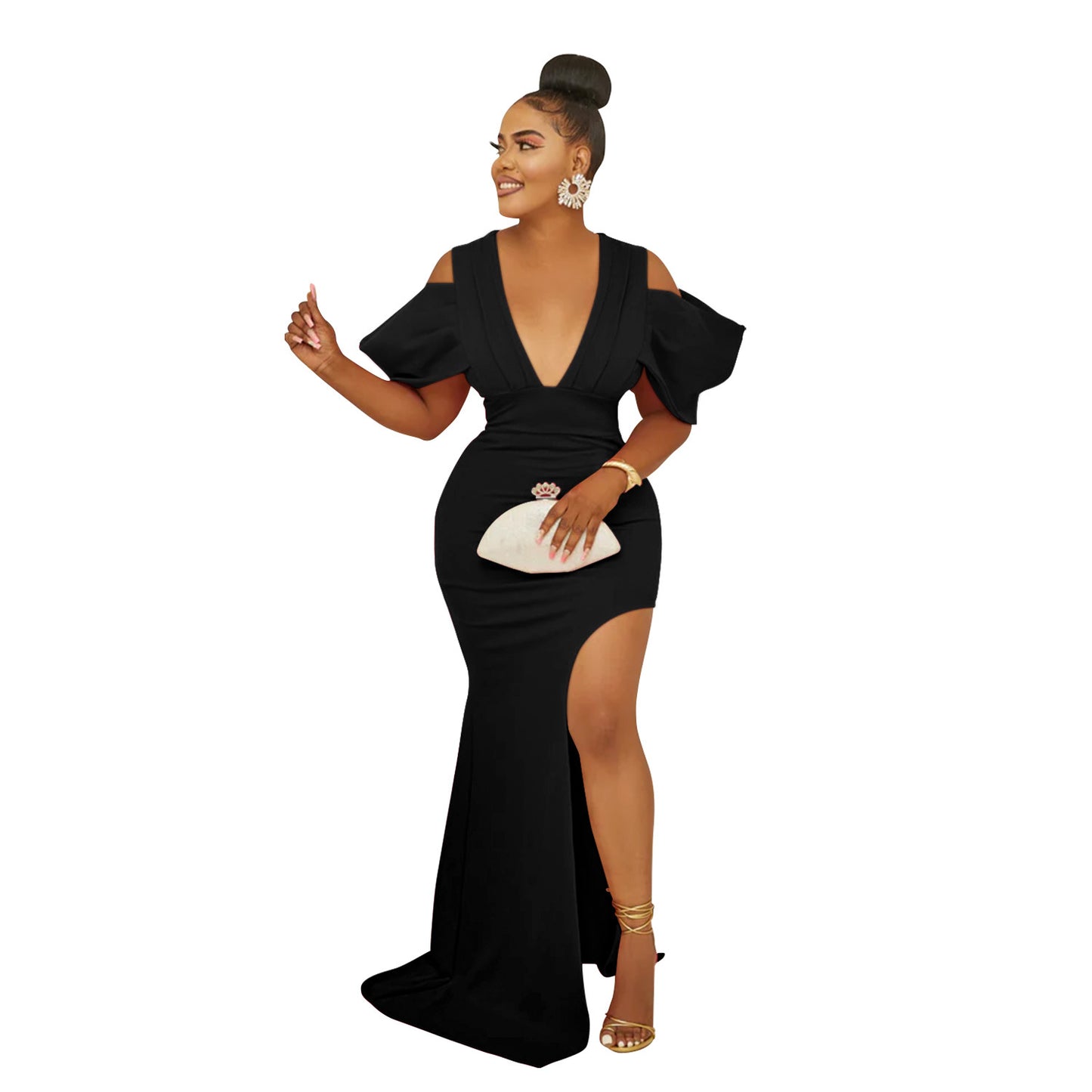 Women's Wear Solid Color Pleated Slit Maxi Dresses