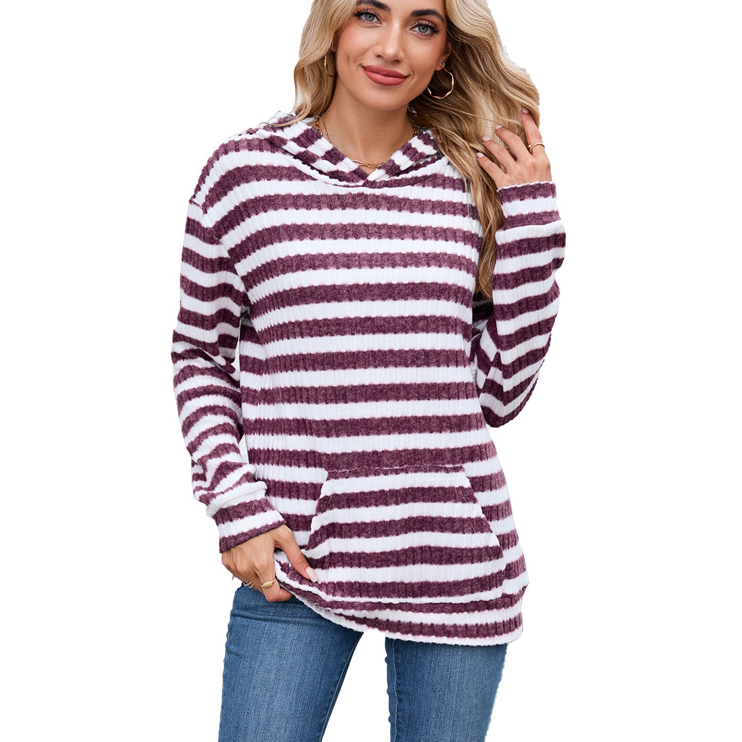 Women's Striped Hooded Pocket Loose Long Sleeve Women's Sweater, Sweater