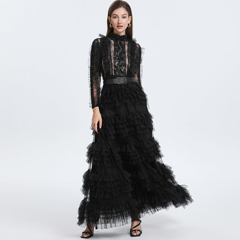 Lux Sequined Embroidered Beads Cinched Mesh Tulle Dresses