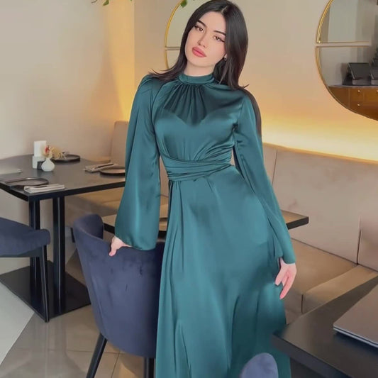 Spring Solid Color Satin Princess Style Waist Dresses