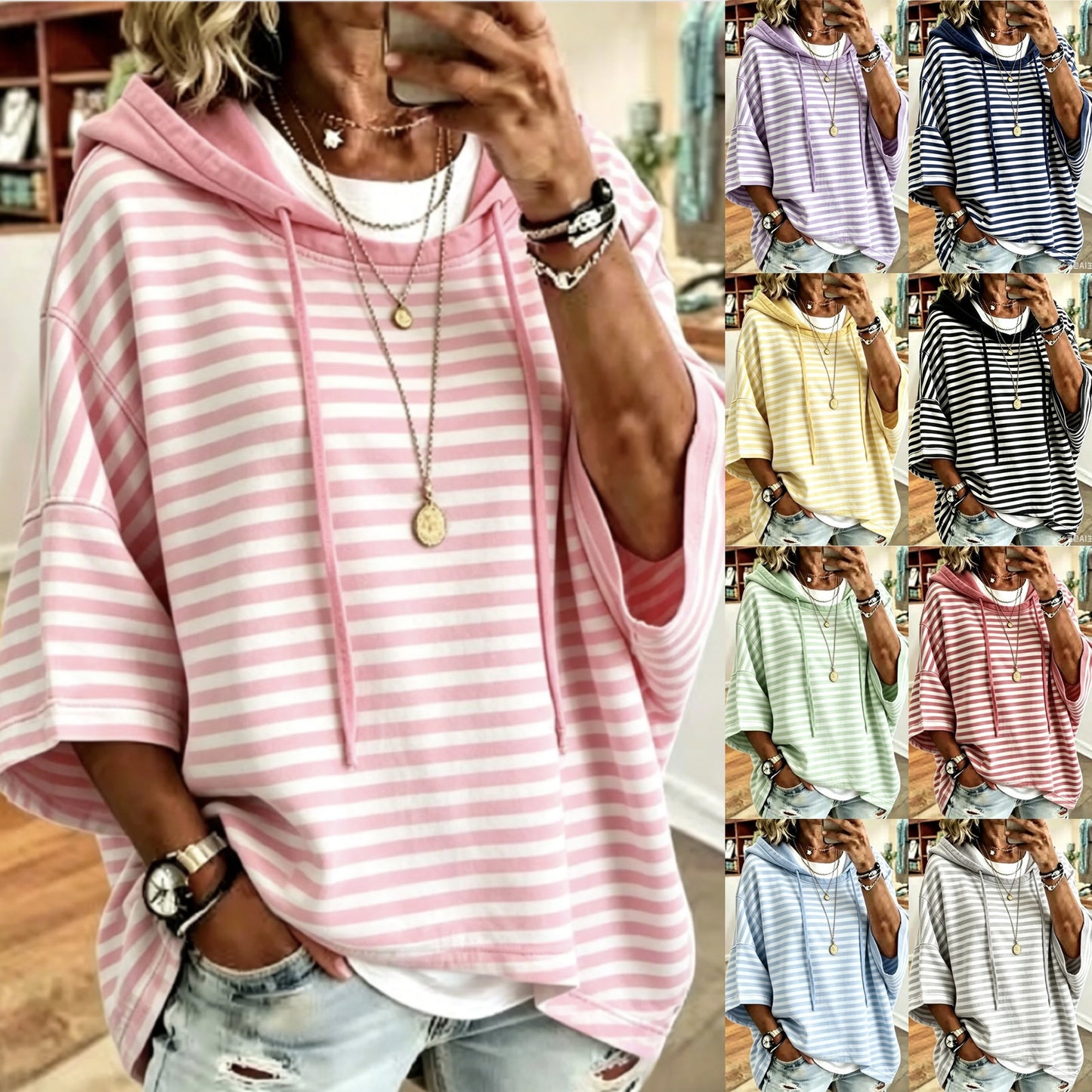 Women's Loose Casual Striped Hooded Sleeve Sweatshirt Women's Sweater, Sweater