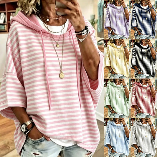 Women's Loose Casual Striped Hooded Sleeve Sweatshirt Women's Sweater, Sweater
