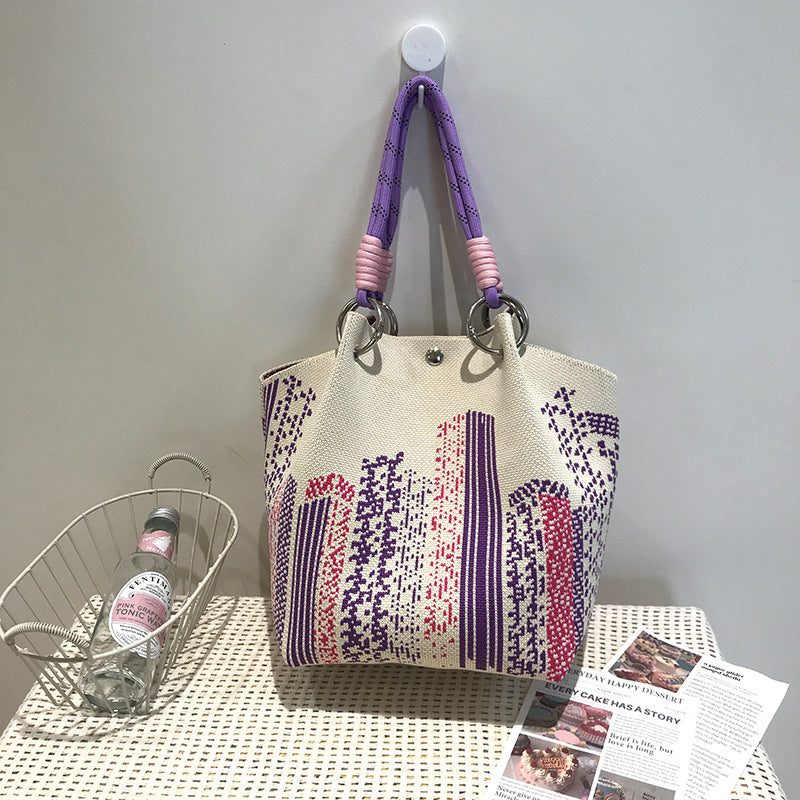 Black White Rhombus Knitted Versatile Large Handbags
