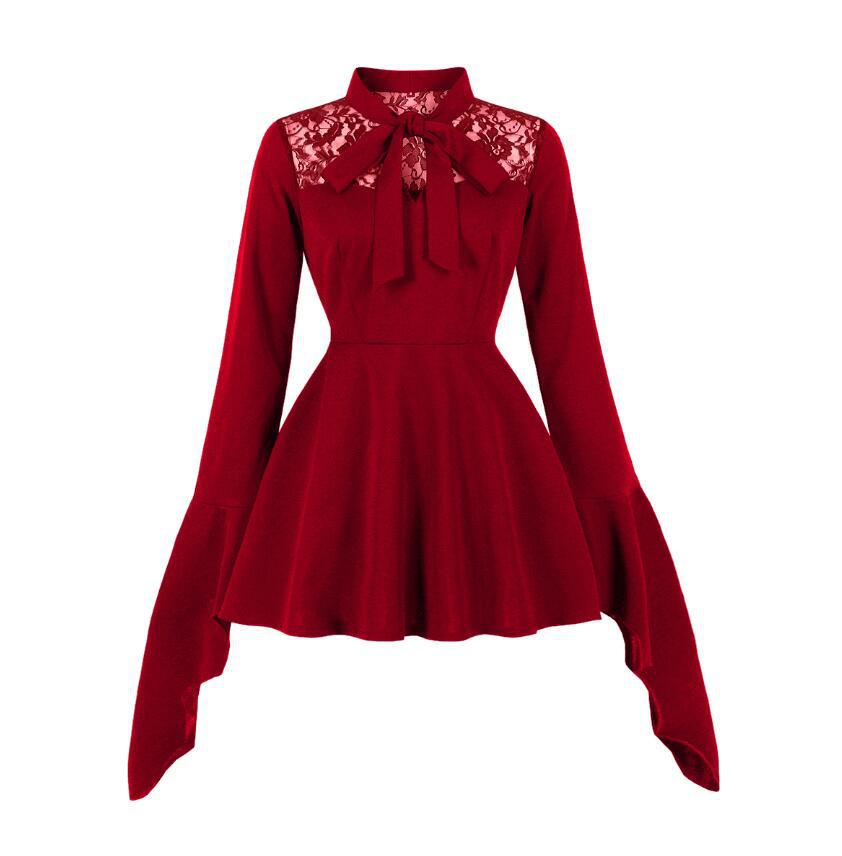 Women's Embroidered Lace Stitching Bow Batwing Sleeve Dresses