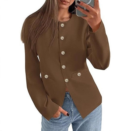 Women's Round Neck Long Sleeves Button Pocket Blouses