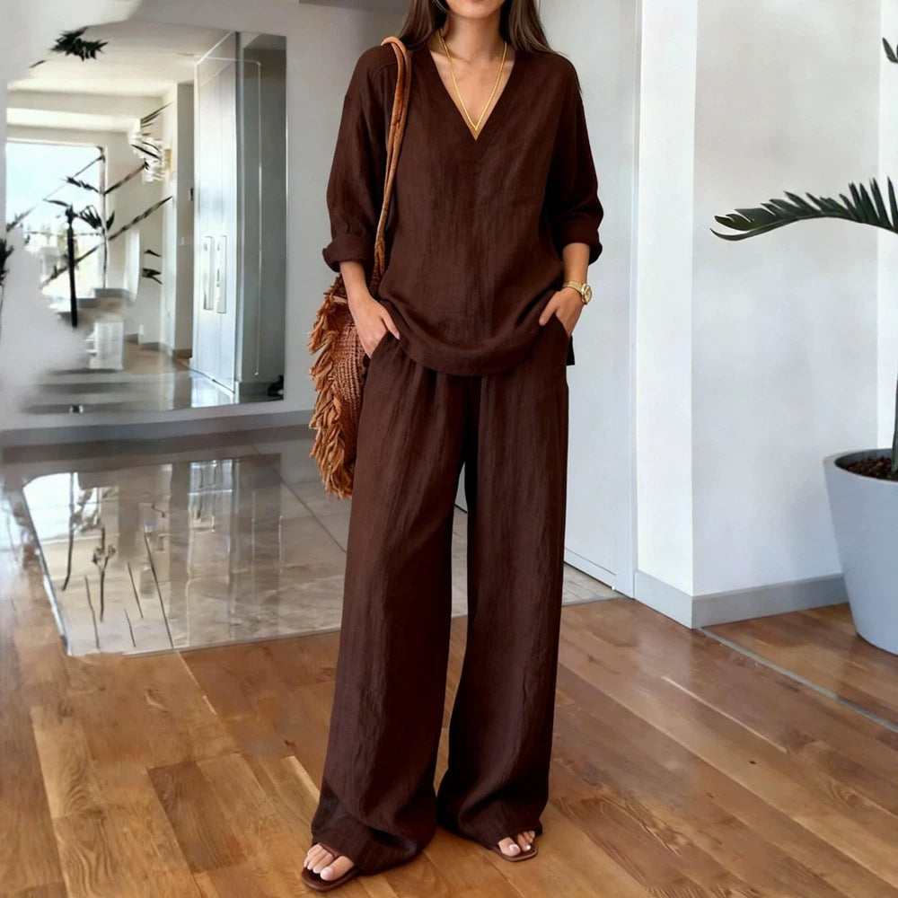 Women's Pullover Long Sleeve Washed Cotton Summer Fashion Casual Suit