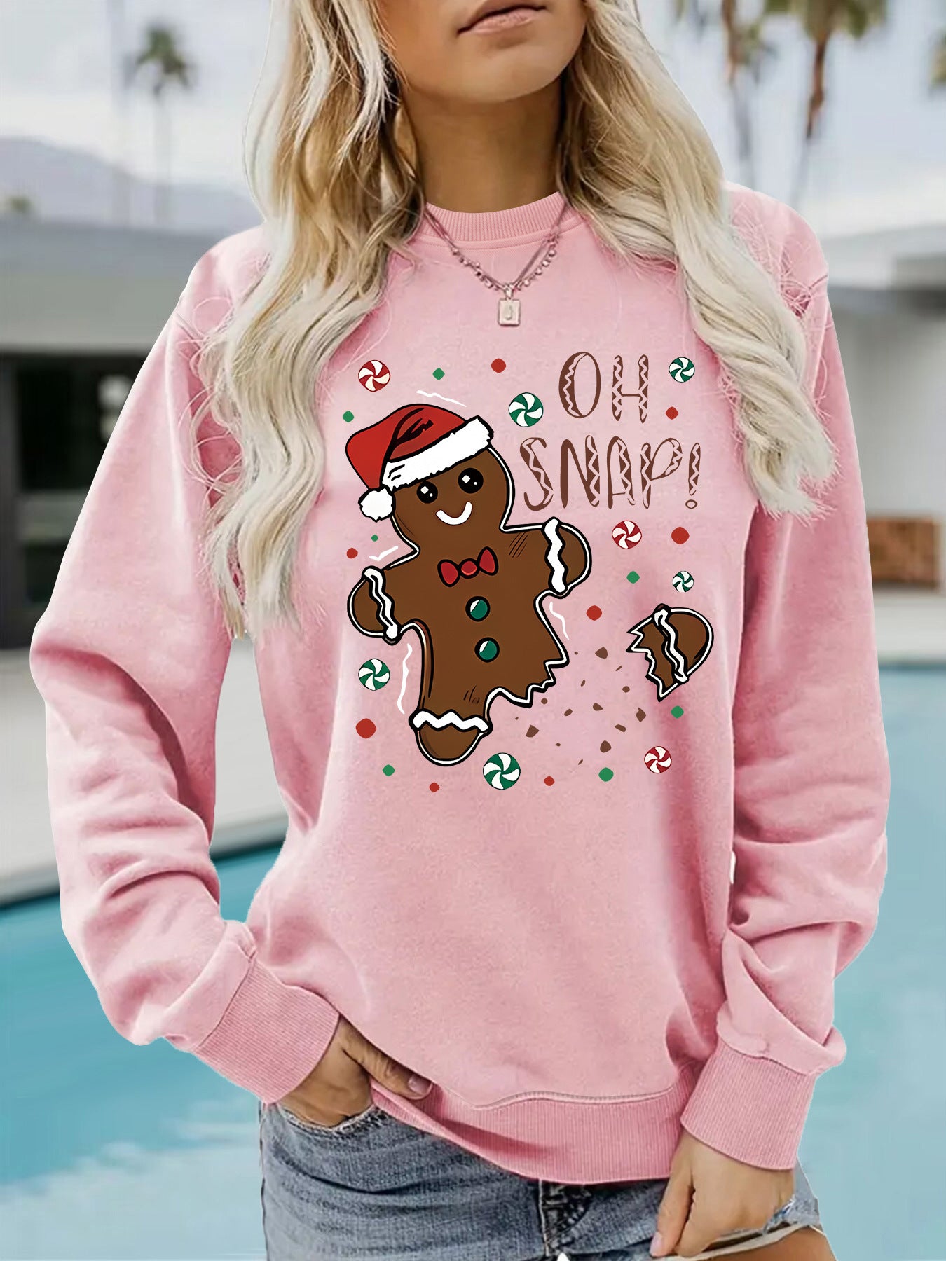 Female Round Neck Christmas Gingerbread Pattern Printing Casual Long Women's Sweater, Sweater