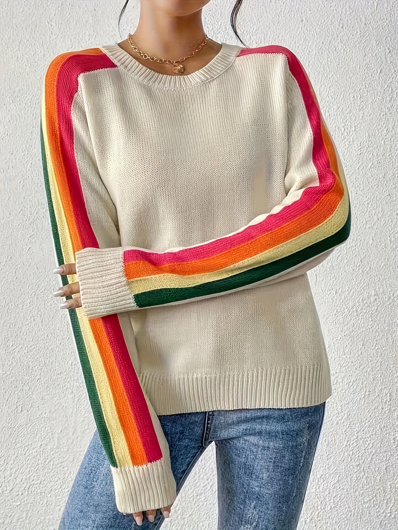 Casual Round Neck Contrast Color Loose Sweaters