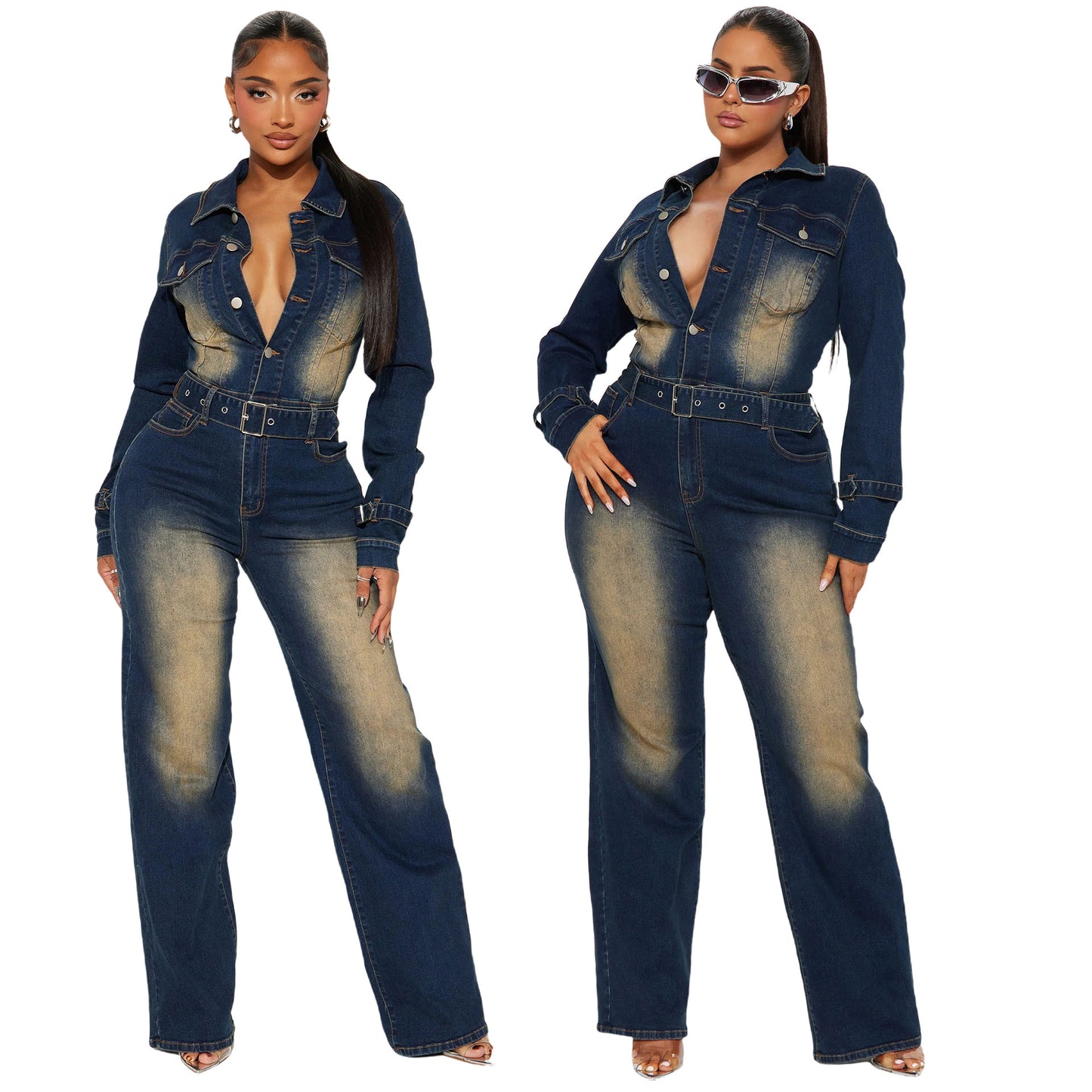 Slim Stretch Trumpet Washed Long Sleeve Jumpsuits
