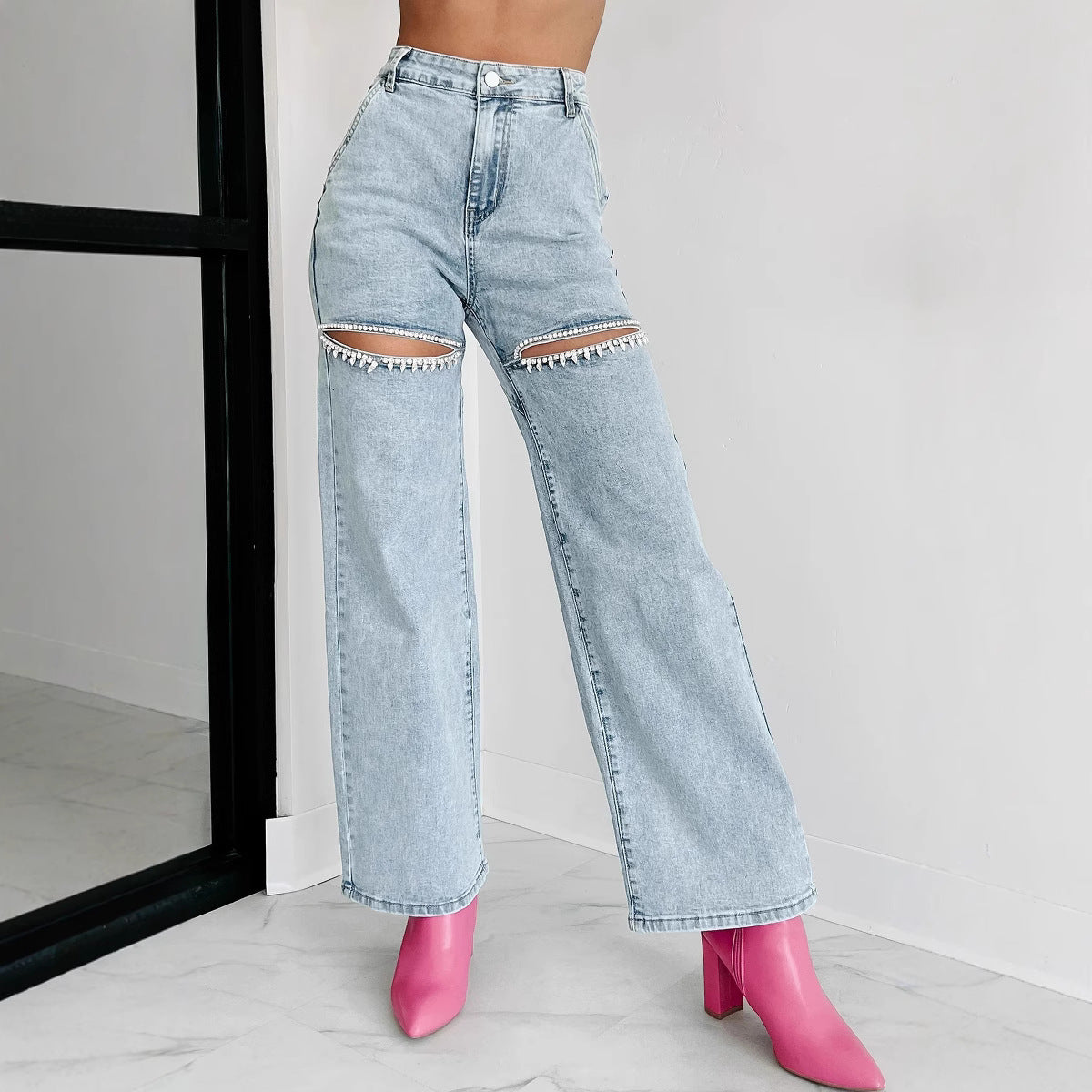 Women's Chain Ripped Straight Washed Fashion High Jeans