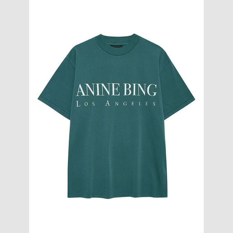 Women's American Niche Classic Letter Print Cotton Round Neck Green Shorts