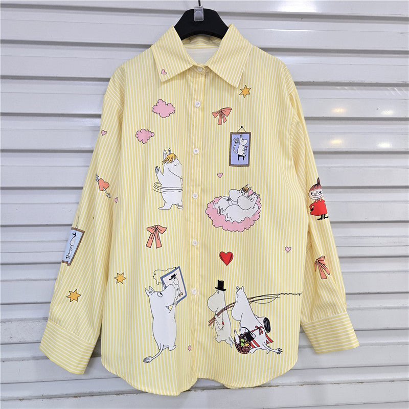 Women's Pink Cute Cartoon Printed Striped Design Shirt Autumn Blouses