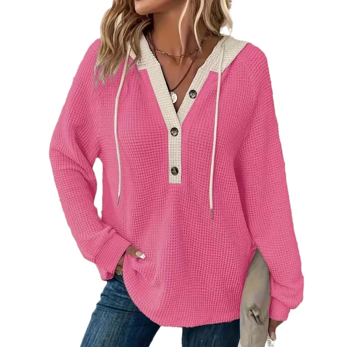 Women's Solid Color Waffle Hooded Button Loose Matching Women's Sweater, Sweater